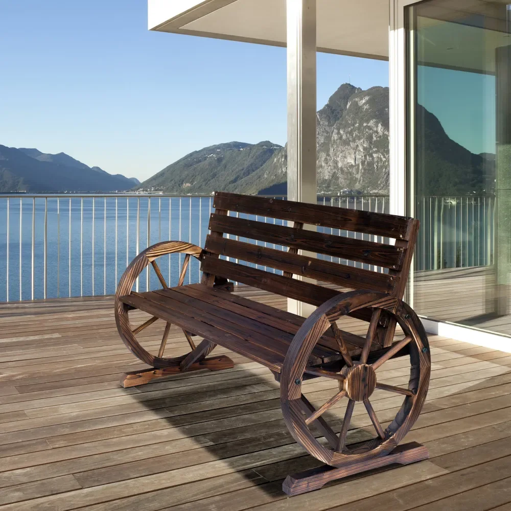 

Rustic Wooden Outdoor Patio Wagon Wheel Bench Seat with Unique Rustic Style Durable Fir Wood Construction
