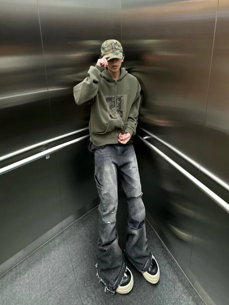 

Emostanceclub American Retro Patchwork Printed Hoodie ex Autumn Winter Jaet Cotton Material Zipper Design Warmth Comfor...