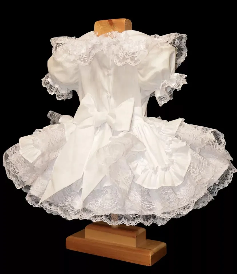 Sissy White Sexy Maid Satin Dress Lace Lace Fluffy Bow Cosplay Halloween Costume Party Customized