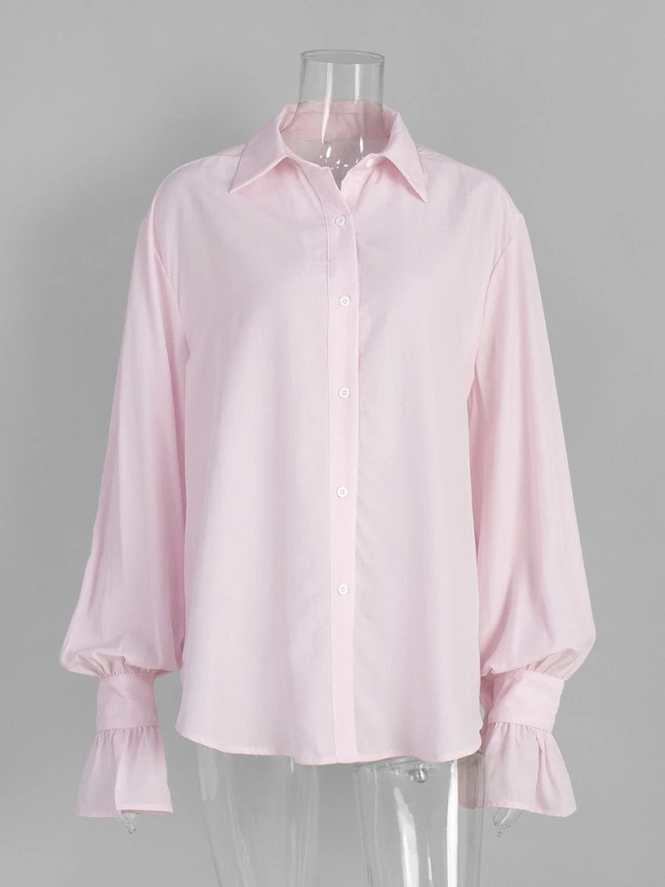 가을 신상 한국 패션 빈티지 우아한 여성 루즈핏 랜턴 소매 라펠 셔츠 오피스룩 캐주얼 솔리드 얇은 블라우스