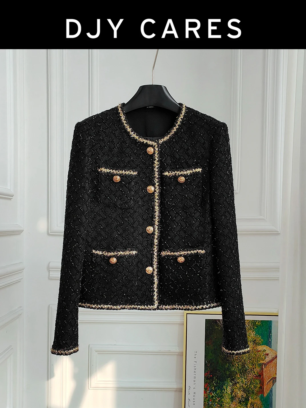 

New diamond grid Coarse woolen fabric shines brightly tweed light pink jacket top big size