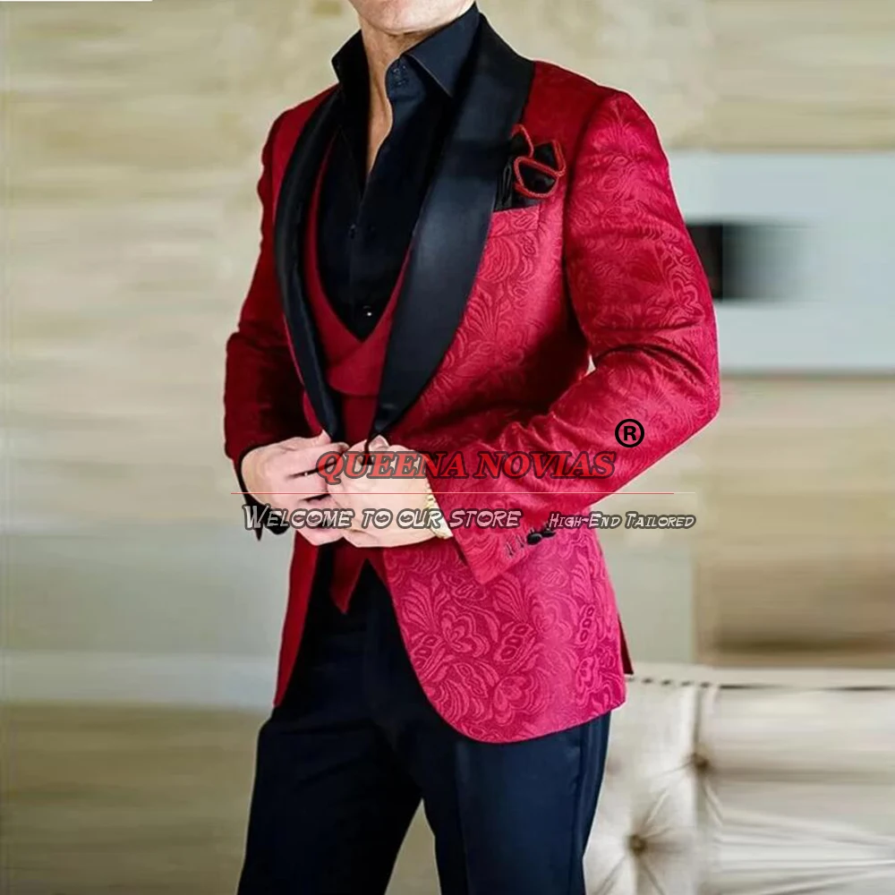 Abiti da sposa bordeaux per uomo Custom Made giacca bordeaux con risvolto nero gilet pantaloni Soild 3 pezzi smoking da sposo Costume Homme