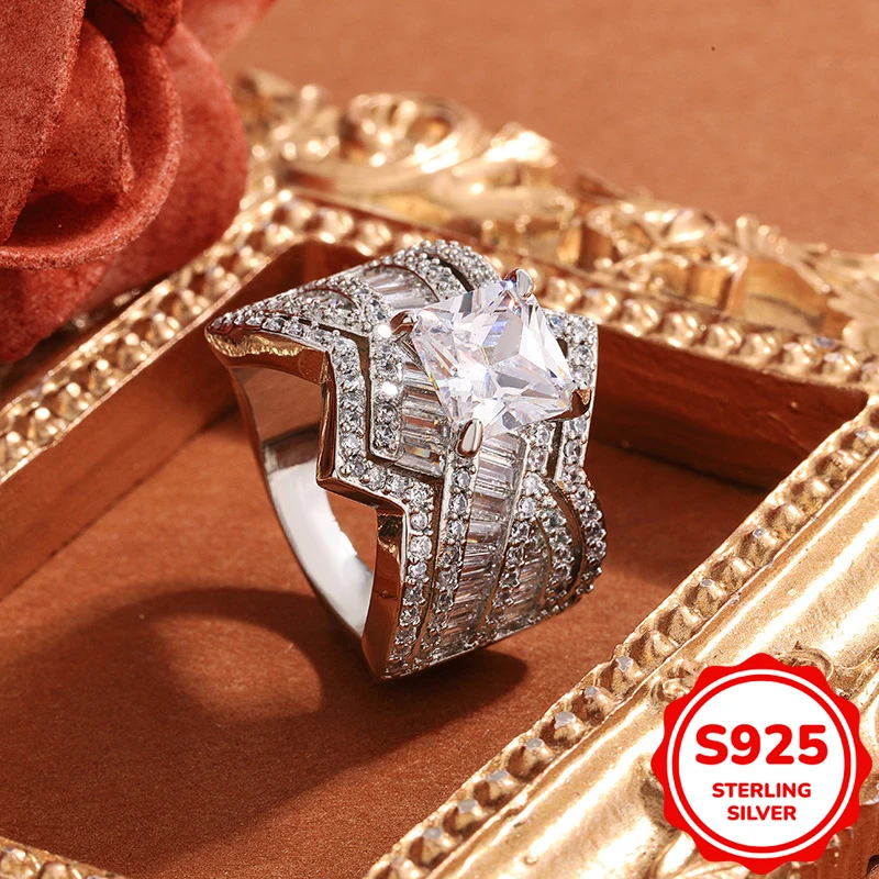 

Luxurious authentic S925 sterling silver geometric four-prong full diamond ring women's wedding engagement gift jewelry