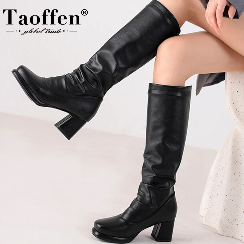 

Taoffen Big Size 33-43 Women Long Boots 2023 Winter New Arrival High Heel Shoes Pleated Female Knee Boots Daily Fashion Footwear