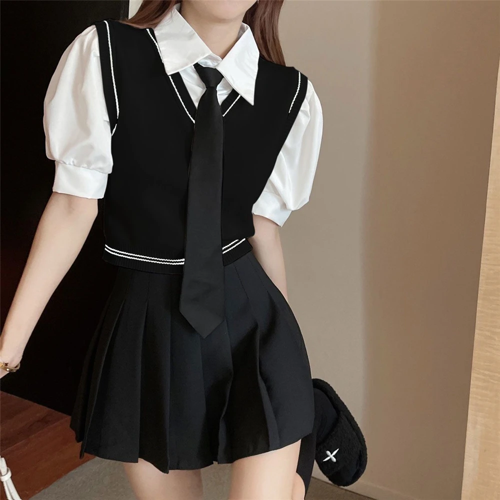 New 2024 Spring Summer Black White Khaki JK Uniform Full Set Korean Women 3 Pieces Suit Tie Cotton Bubble Sleeve Shirt Blouse