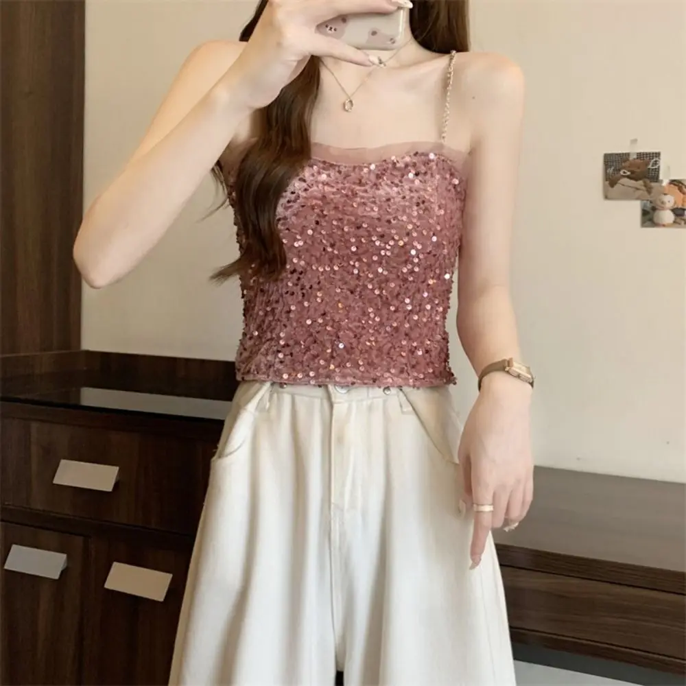 Top corto de moda, chaleco de lentejuelas brillantes, camisa de fondo dulce ostentosa, camisola ajustada sin mangas para fiesta, estilo picante para niña