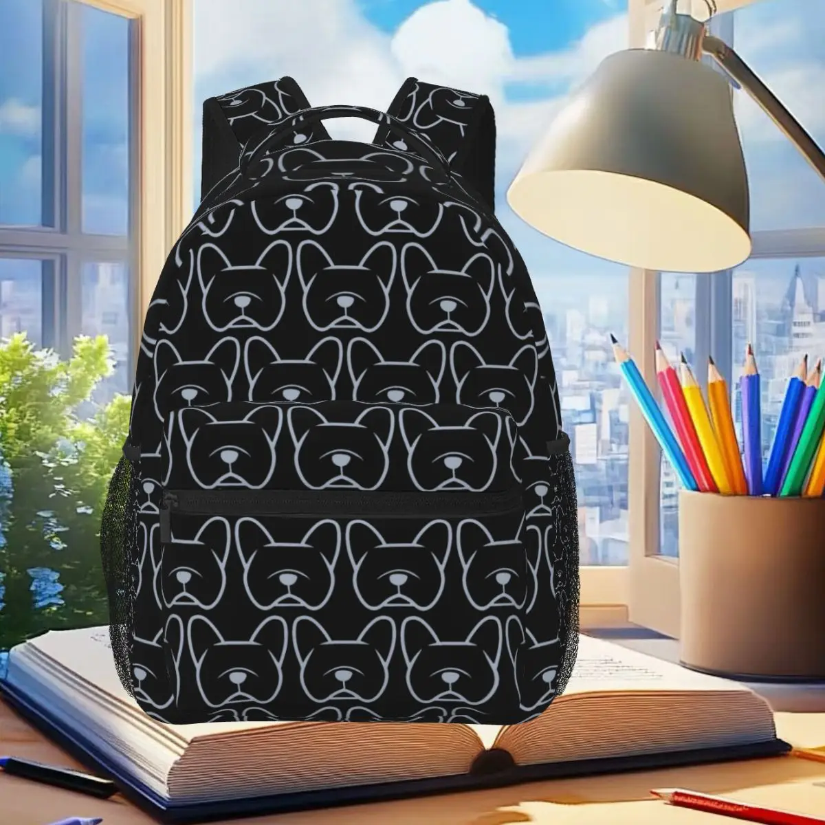 

Силуэт лица французского бульдога светло-серого цвета на темно-синем рюкзаке, студенческая сумка для книг, детская школьная сумка, компьютерные сумки на плечо