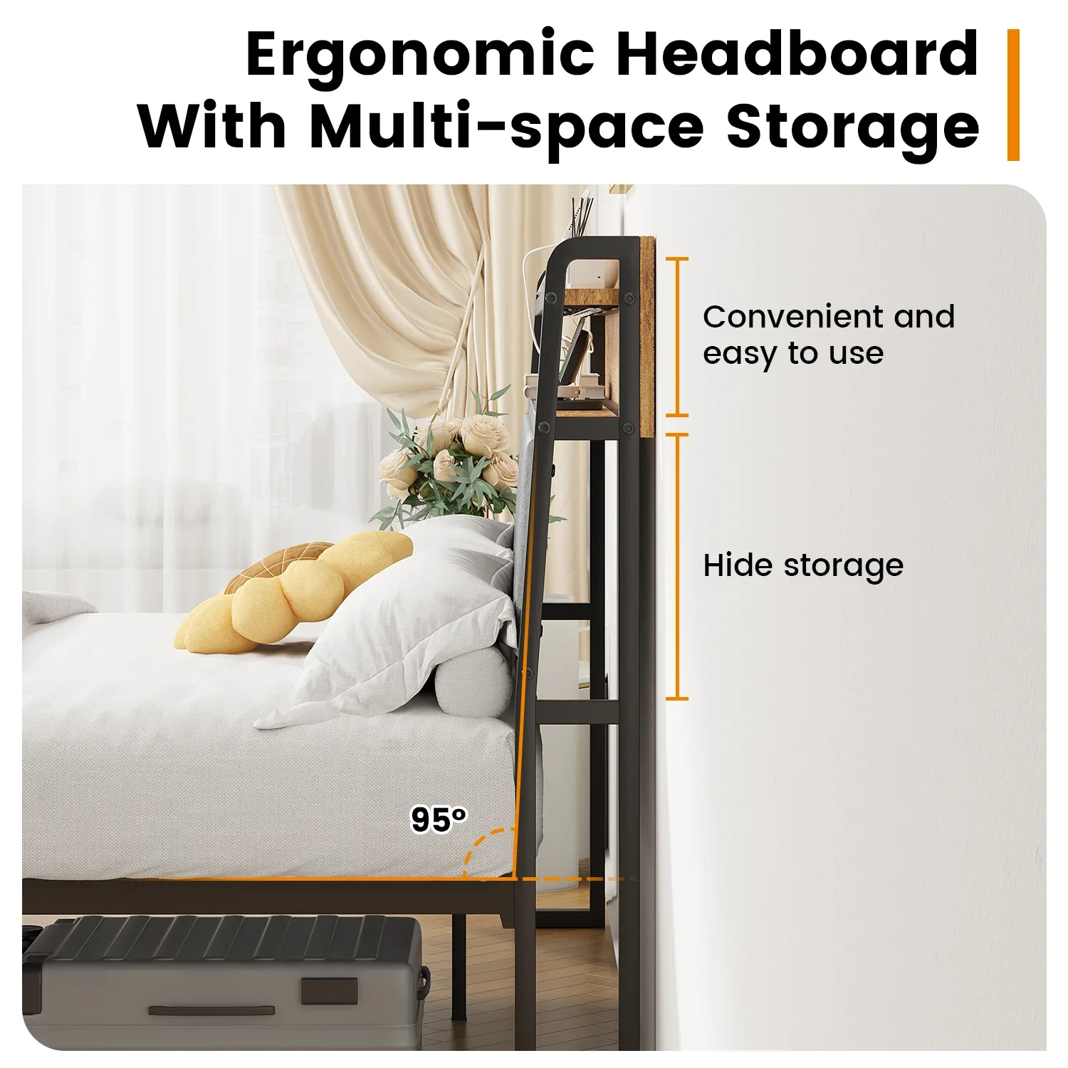 Queen Size Bed Frame with Ergonomic Headboard, Platform Bed Frame with RGB Lights, Outlets & Charger, Fast Assembly,Noise Free