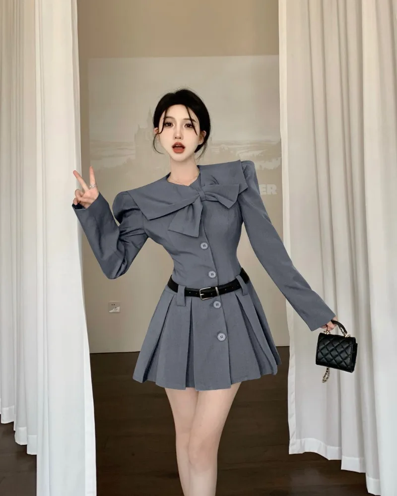 

Sweet Hot Girl Pure Sexy Single Breasted Dress for Women's Spring and Summer Bow Bubble Sleeves Pleated Dress with Belt