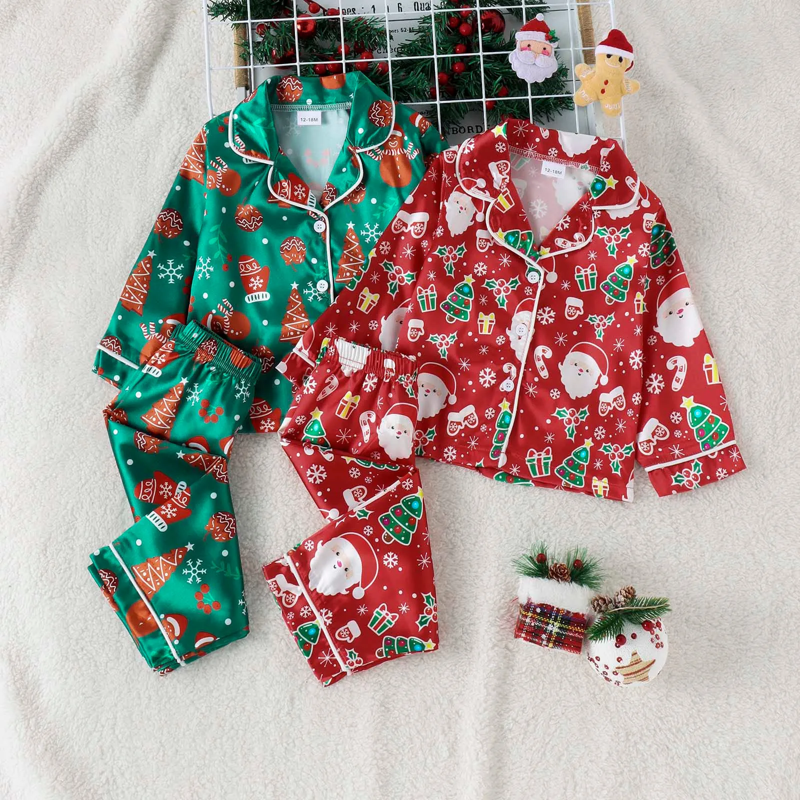 Christmas Satin Pajama 2 Pieces Set Baby Girls Christmas Print Long Sleeves Button Closure Top With Long Pants Sleepwear Outfits