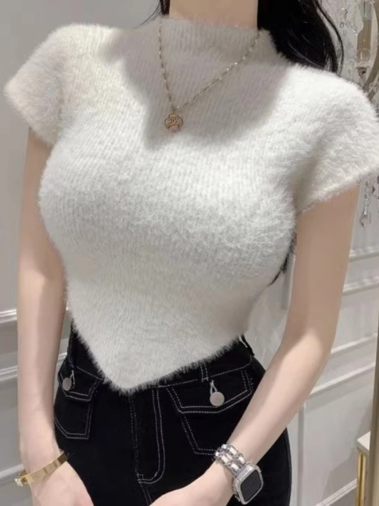 

Sweet Sle Knitted ort Sve T-irt Women's Slim Fit High Collar Length Spicy Girl Top Pure Desire New Arrival