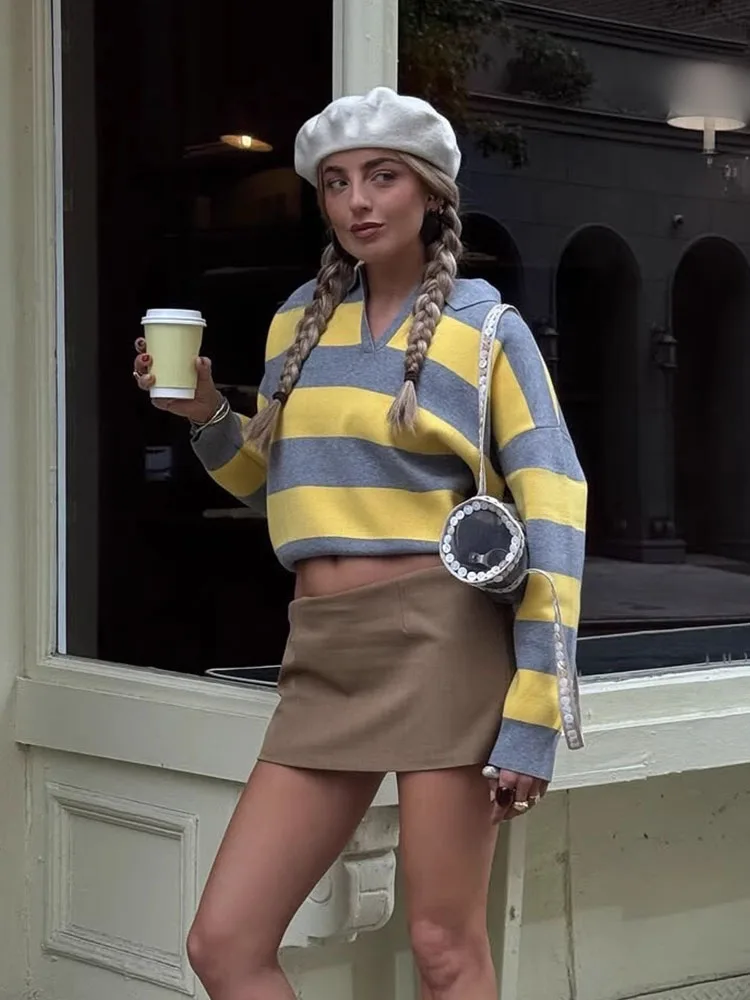 

HH женская модная уличная одежда свободный ленивый 2-цветный свитер в полоску с воротником-поло женский тонкий вязаный осенний пуловер с длинными рукавами топ