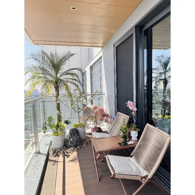 Outdoor recliner chair foldable lunch break chair, balcony home garden rattan chair table and chair three-piece set