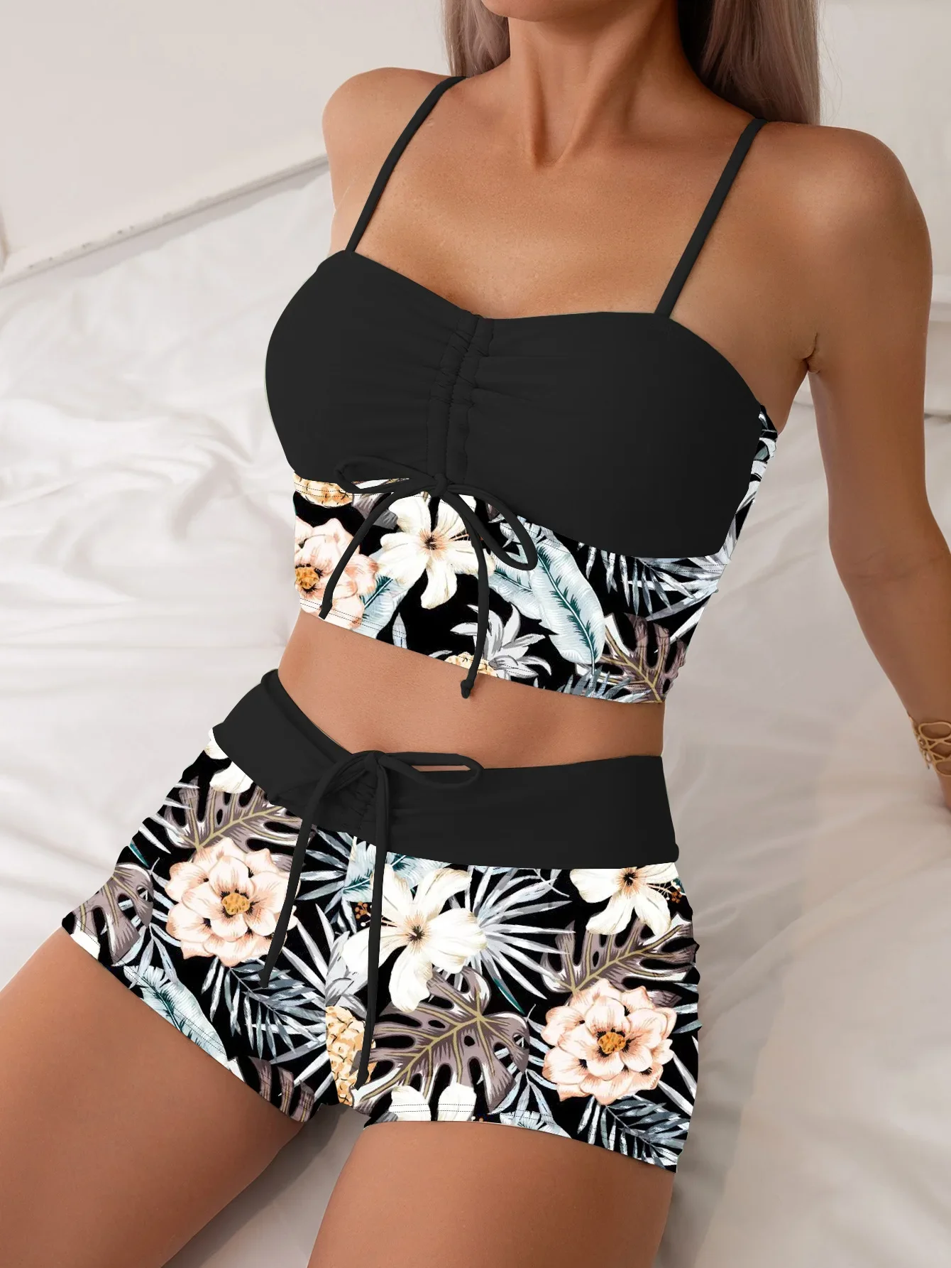 Vintage preto floral impressão conjuntos de biquinis feminino plissado push up cordão cintura alta maiô tankini 2025 maiô