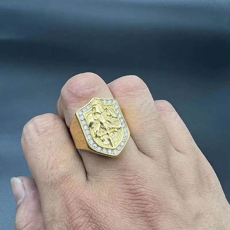 Men's European American Hip-Hop Templar Ring Gold Plated Titanium Steel with Rhinestone for Unisex Fashion Jewelry