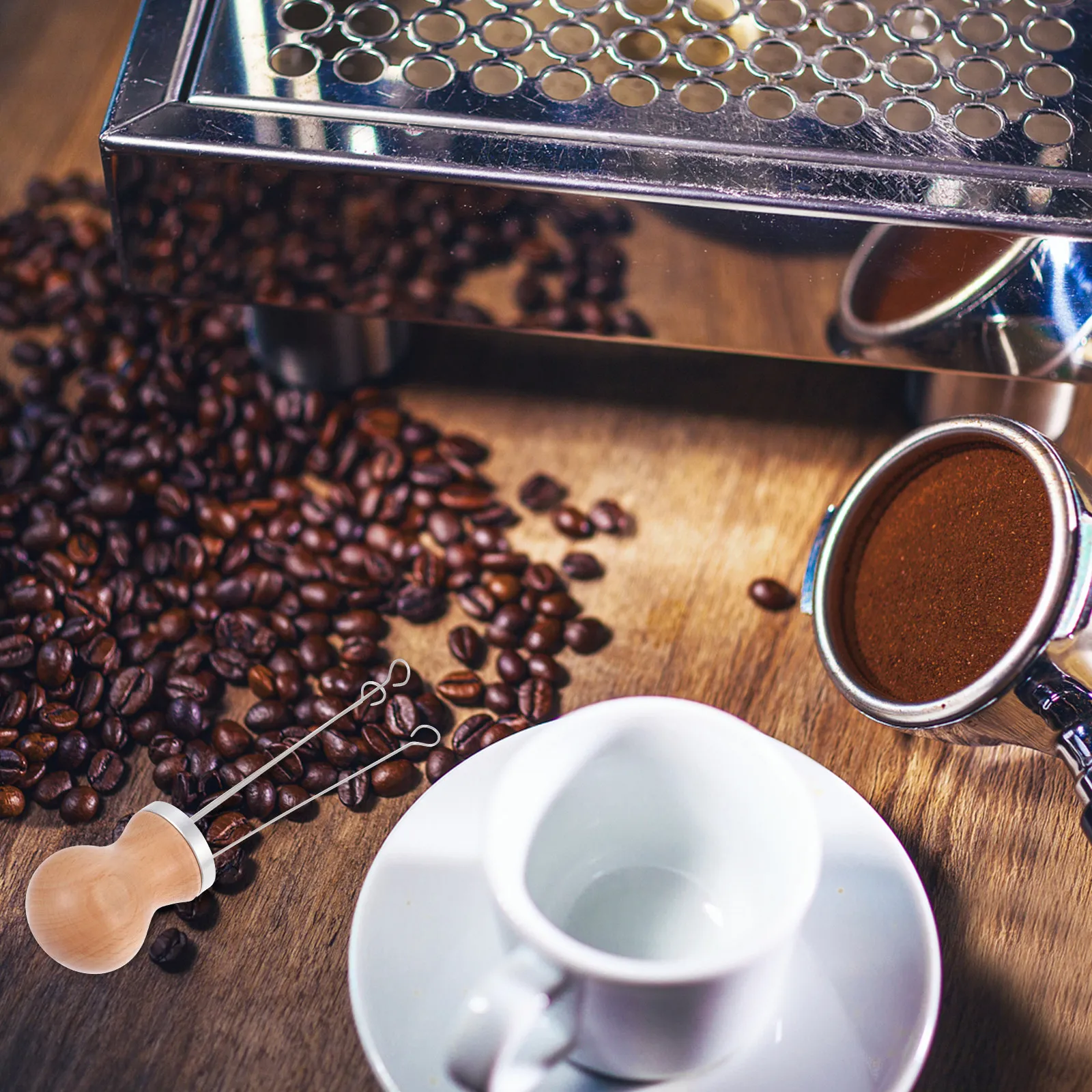 

Professional Coffee Stirrer Tamper Tool Wooden Handle Stainless Steel Coffee Powder Distributor for Uniform Ground Distribution