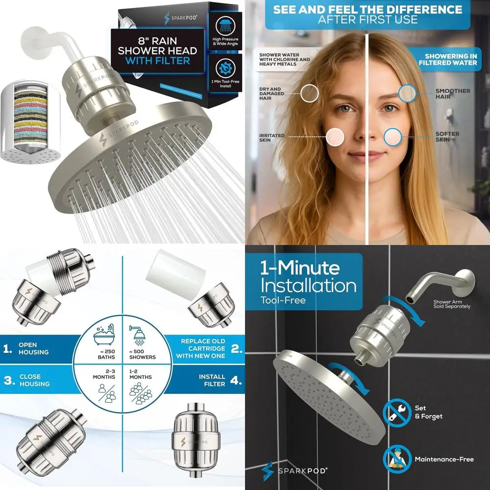 Elegant 8 Round Shower Filter Set - Stage 23, Reduces Chlorine and Metals, High Purity, Brushed Nickel Finish