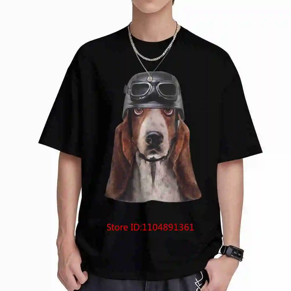 Basset Hound Biker Motorcycle Helmet Short Sleeve Tee 100% Cotton T-Shirt