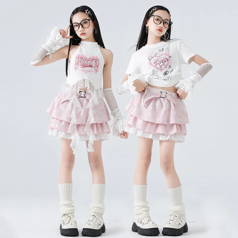 

Милая танцевальная одежда для черлидинга для девочек, наряд для джазовых танцев, топы с пупком, розовая юбка, Kpop, одежда для группового шоу, костюм BL16256