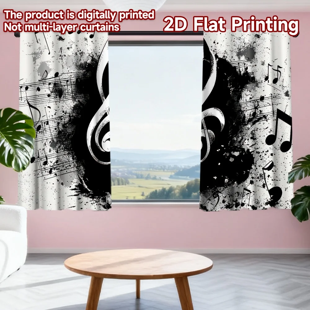 

2D flat printing 2pcs Party Curtain Musical Notes Collage Digital Printed Polyester Drapes All Season Party & Holiday Decor for