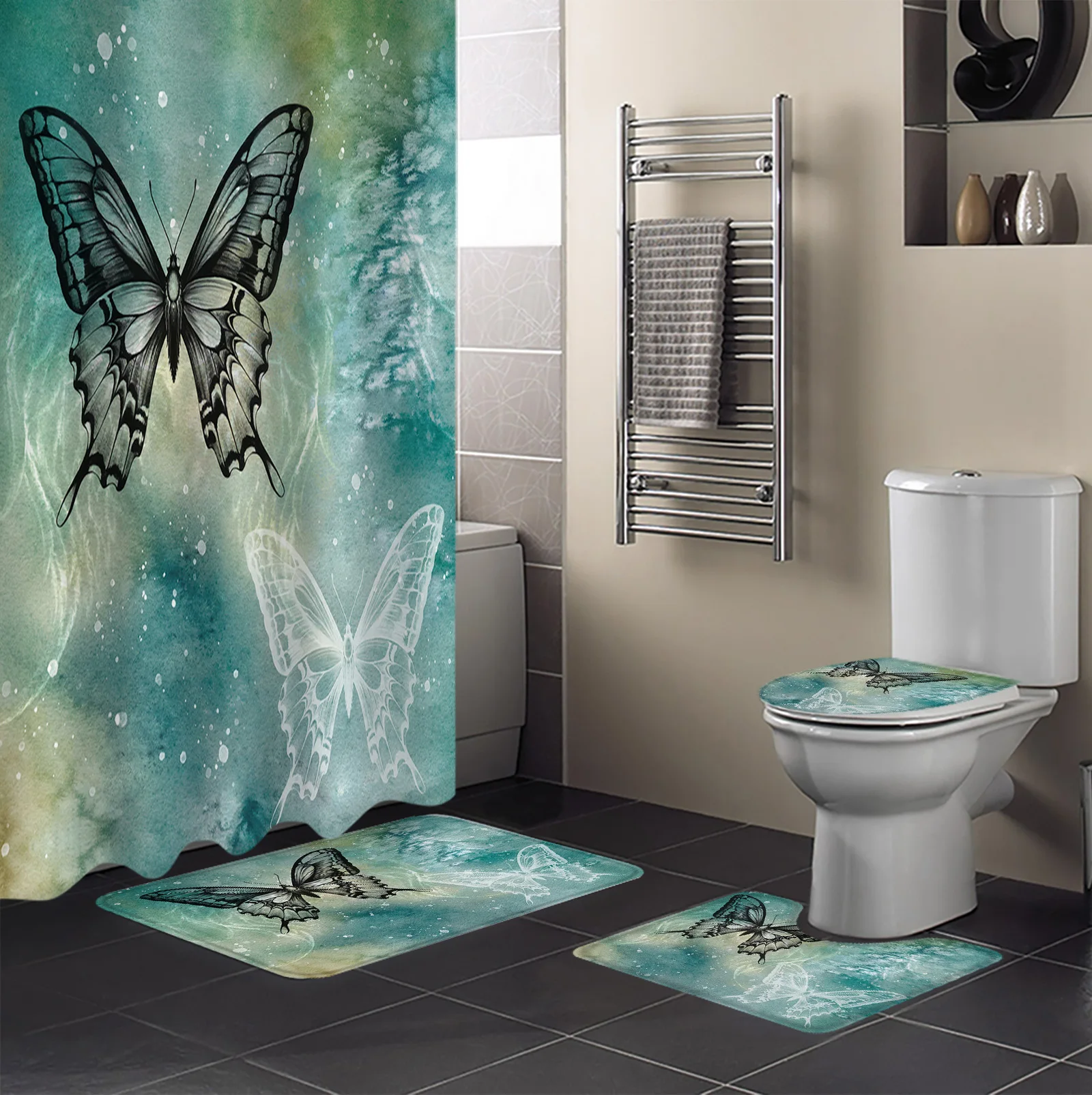 Butterfly Dots Gradient Shower Curtain Non-Slip Rugs Toilet Lid Cover and Bath Mat Bathroom Curtains with Hooks