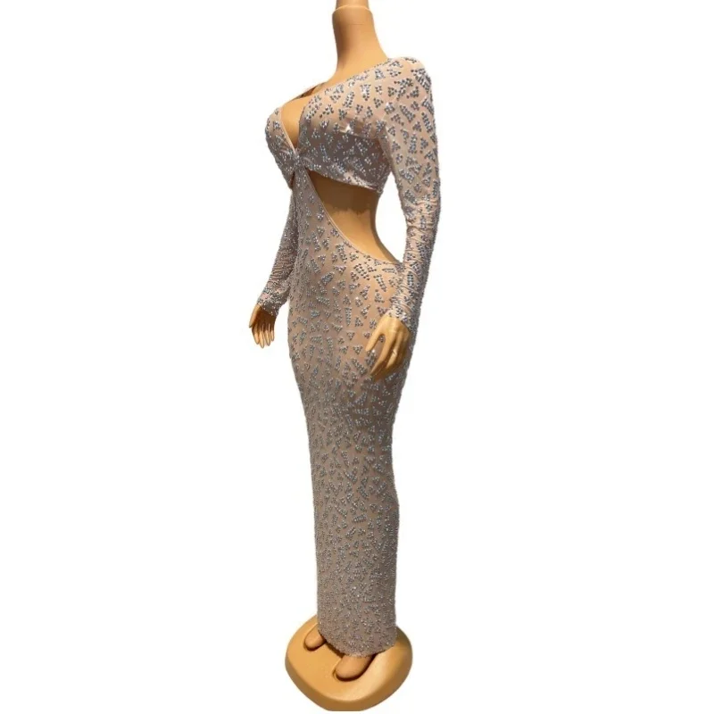 Robe transparente à manches longues avec strass argentés scintillants pour femmes, Costume de fête découpé, robes de soirée, tenue XS6025