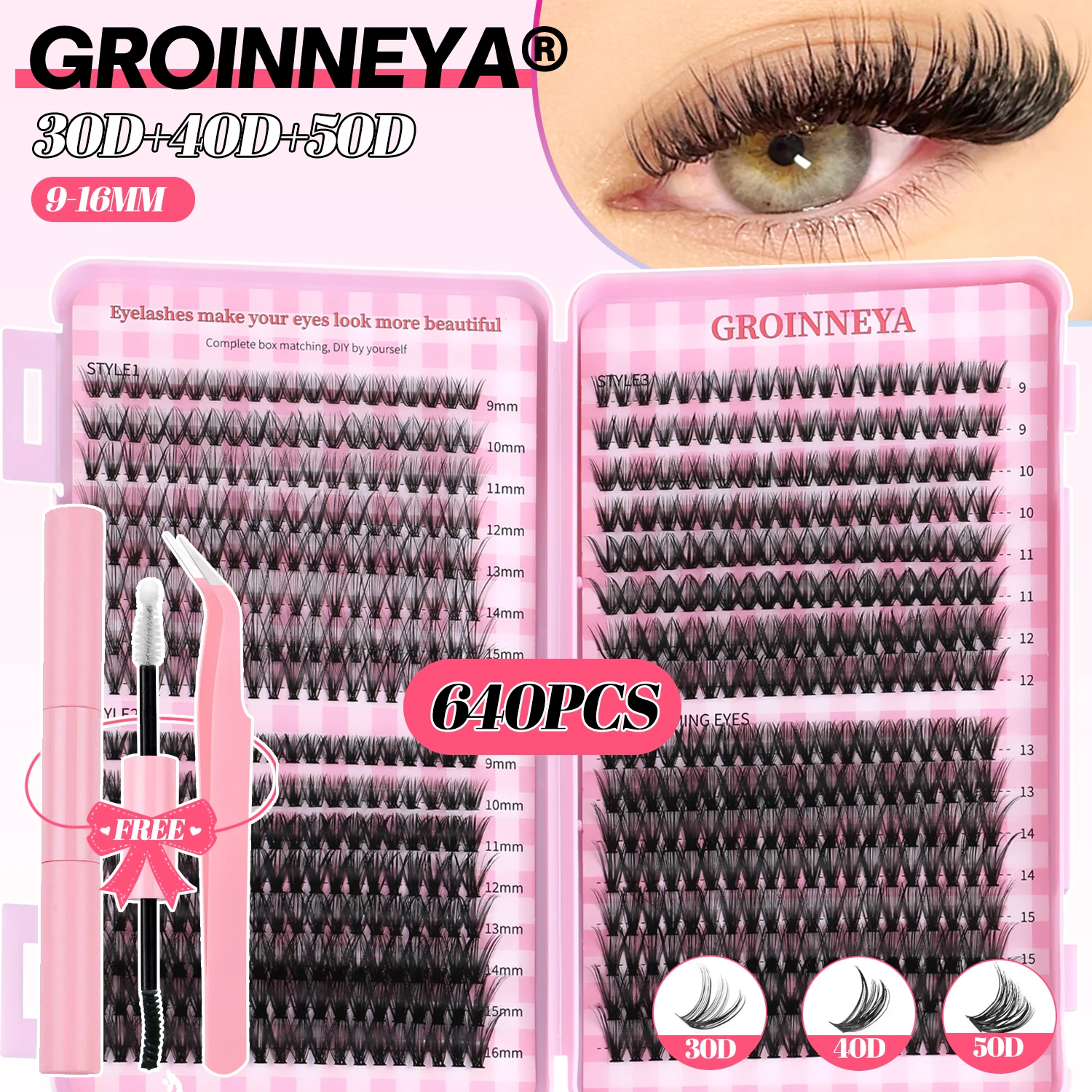 GROINNEYA DIY Lash Clusters Set Mixed Tray Lashes Kit Fluffy Individual Lashes Extension with Lash Bond and Seal At Home Makeup