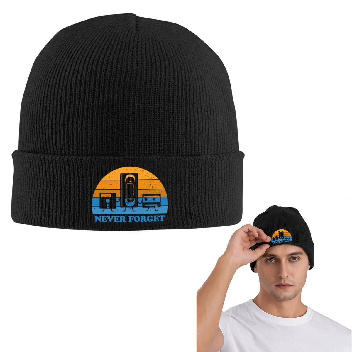 Never Forget -Floppy Disk Cassette VHS Tape Warm Knitted Cap Winter Knit Bonnet Hat Skullies Beanies Hip Hop Caps for Unisex