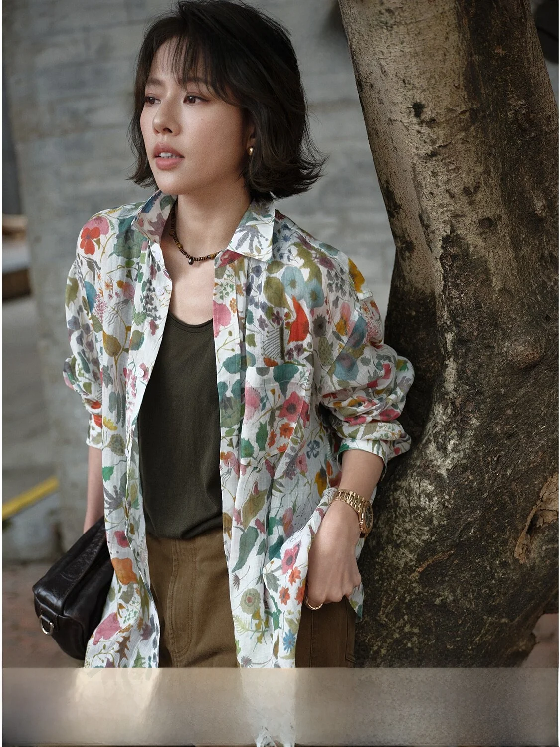 

Wdiva Breathable Flax Print Long Sleeve Collared Oversized Crew Neck Pullover Shirt Women's Minimalist Style Casual Shirt