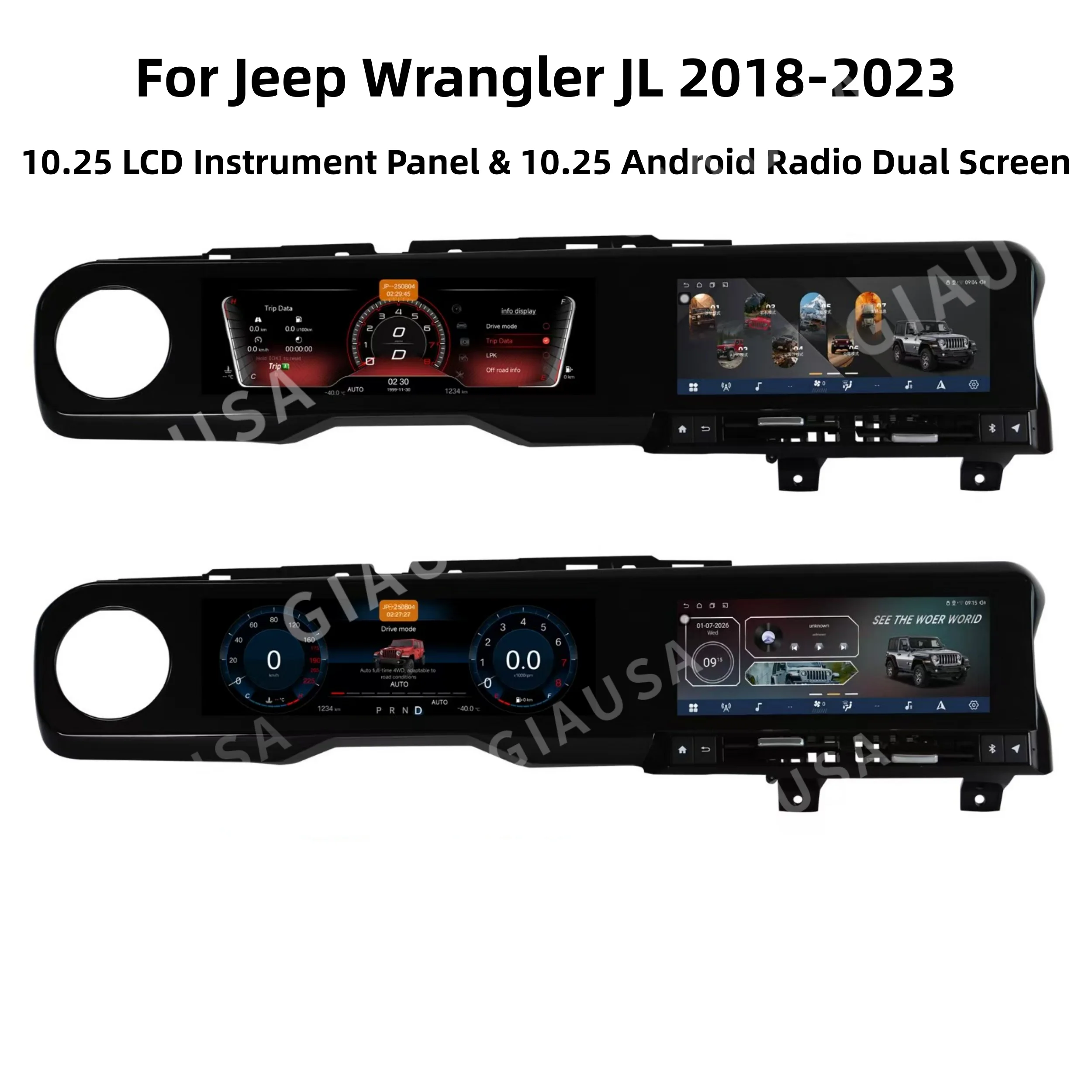 Touch Screen CarPlay For Jeep Wrangler JL 2018-2023 10.25” LCD Instrument Panel & 10.25” Android Radio Dual Screen New Upgrade