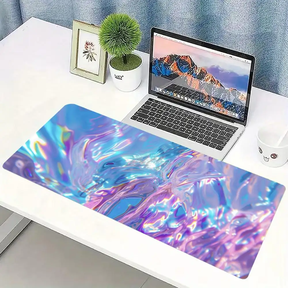 Iridescent Fluid Large Desk Mat Non Slip Gaming Mouse Pad Stitched Edge Holographic Keyboard Mat for Laptop PC Office Game Use