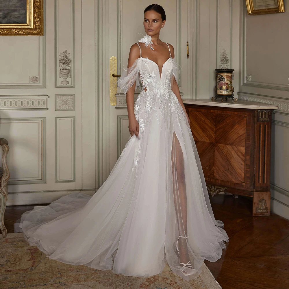 

Customized Boho White Organza Wedding Dress Sexy Sweetheart Spaghetti Straps Bridal Gown Soft A-Line Chapel Train Robe de mariée