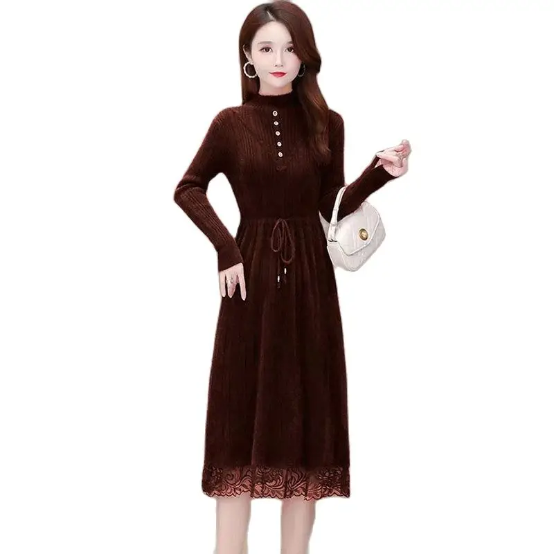 

Lmitation Mink Velvet Knitted Dress Autumn And Winter New Women's Outfit Coat Temperament Knitted Bottoming Long Skirt WomenTide