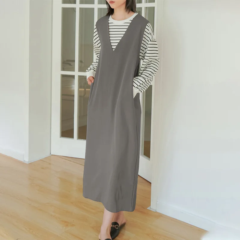 Matakawa Sleevless Women Dresses Solid V Neck Elegant Autumn Winter All Match Vestidos Japanese Style Vintage Loose Robe Femme