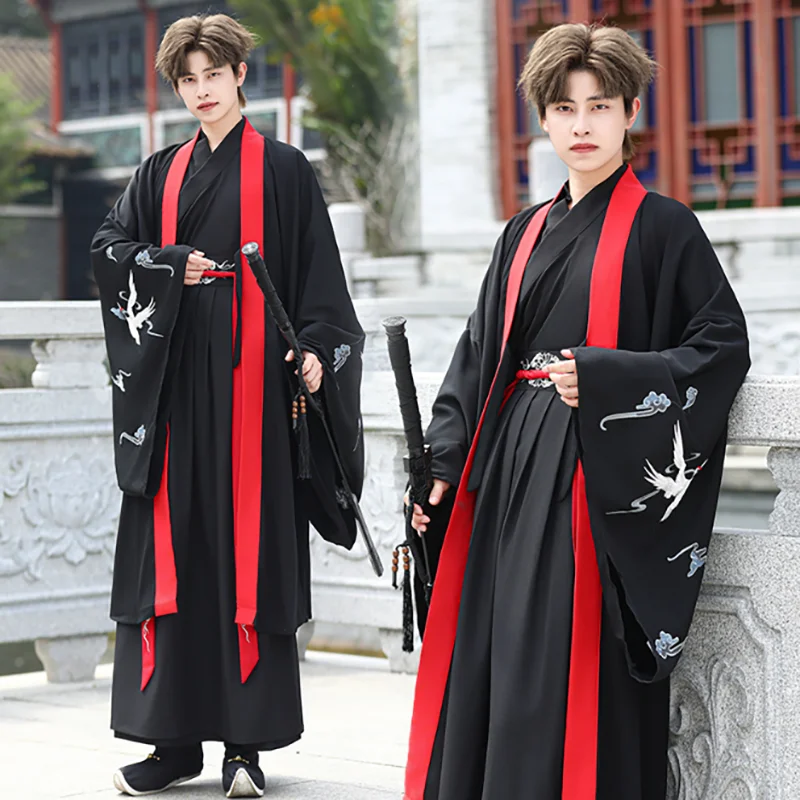 men-chinese-traditional-hanfu-set-black-red-embroidery-wuxia-costume-ancient-chinese-knight-robe-cross‑collar-wide-sleeve-hanfu