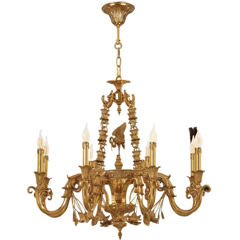 

French all-copper chandelier, luxury villa atmosphere retro pastoral living room study dining room pure copper lamps