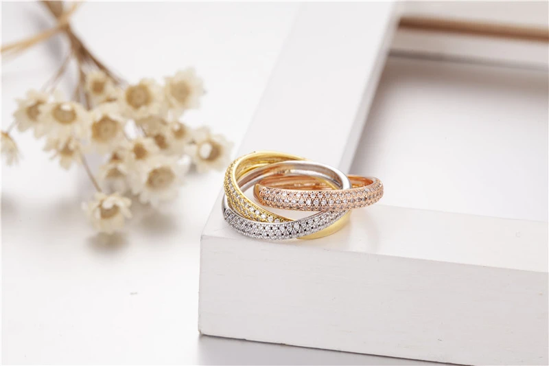 Triple Circles Gold/Rose Gold/Silver Rings for Women Men Three Colors 925 Silver Pave diamond Women Wedding Ring Finger Jewelry