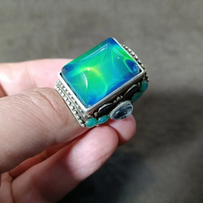 Vintage Tibetan Silver Ring,Color-Changing Stone,Cloisonne,Antique Patina,Adjustable,ID 20.3mm,32.6g,Collectible Ethnic Jewelry