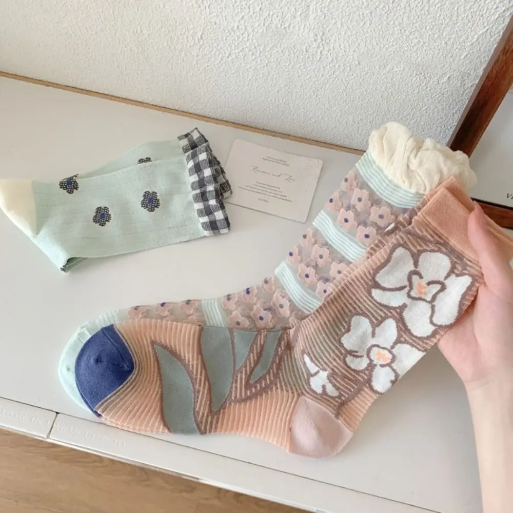 

2/3Pairs Sweet Transparent Flower Socks Flower Stripe Crystal Silk Tube Socks Ruffle Mesh Thin Mid Calf Socks Women Summer
