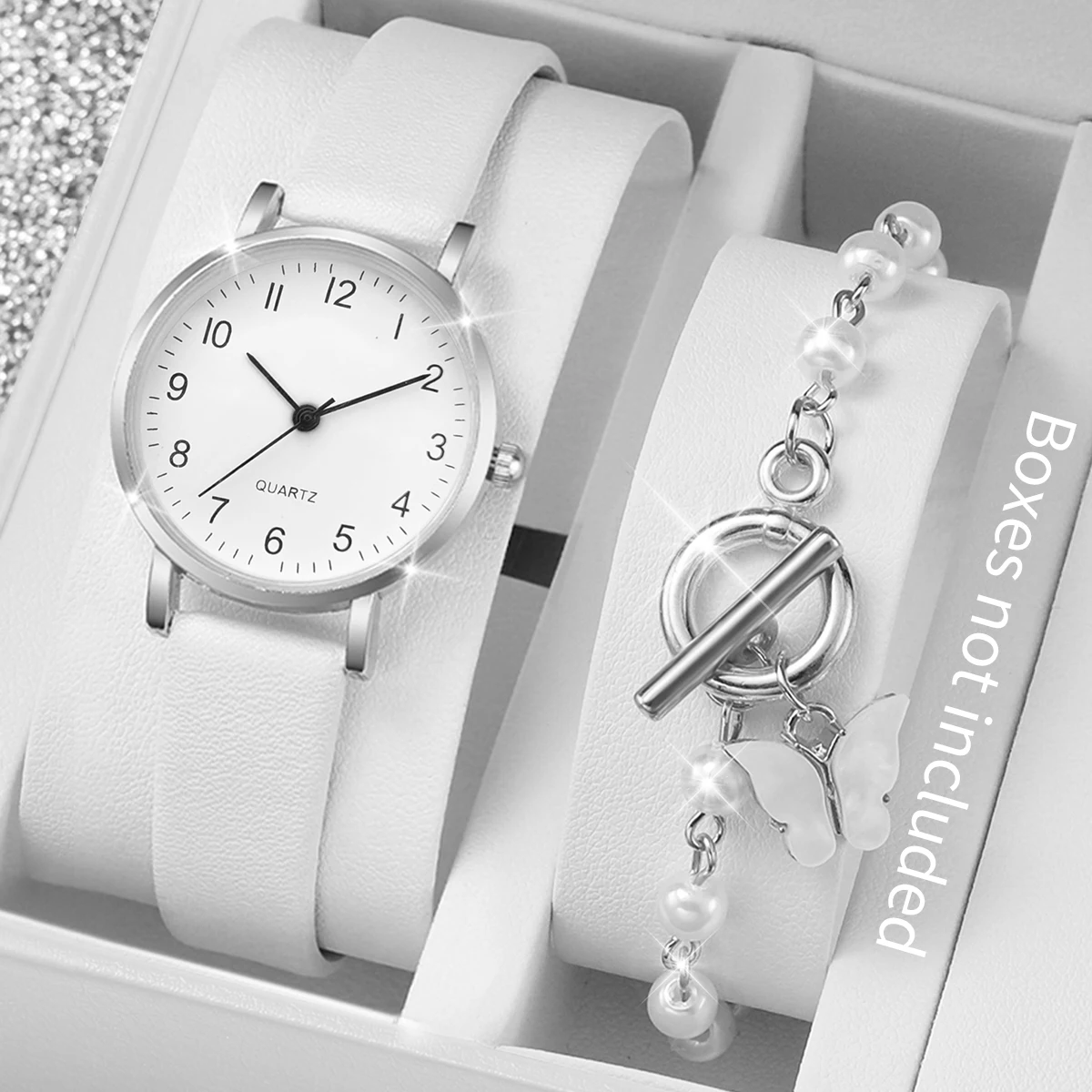2PCS/Set Women's Watch Fashion Small Arabic Dial Leather Band Quartz Watches Pearls Butterfly Bracelet SetWithout Box