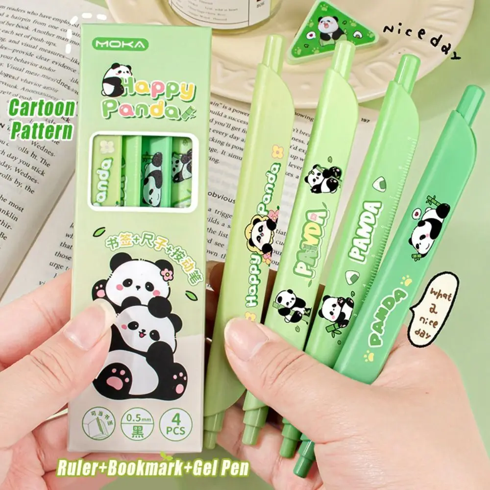 4PCS/Box Cartoon 0.5mm Black Ink Gel Pen Ruler Bookmark Quick Drying Neutral Pen Press Using Ballpoint Pen Students