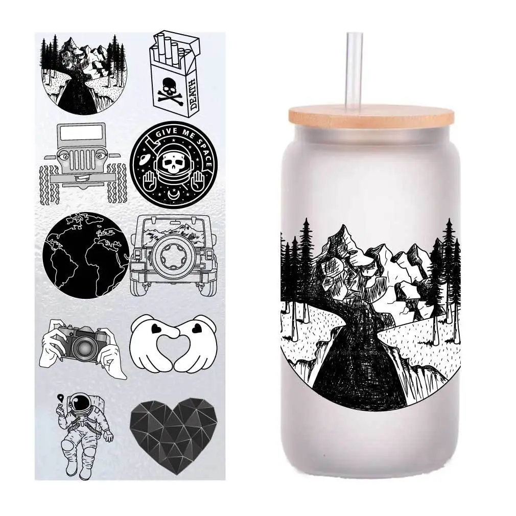

10 sheets/pack cartoon small fresh black UV transfer stickers crystal label glass glass stickers customized four inches
