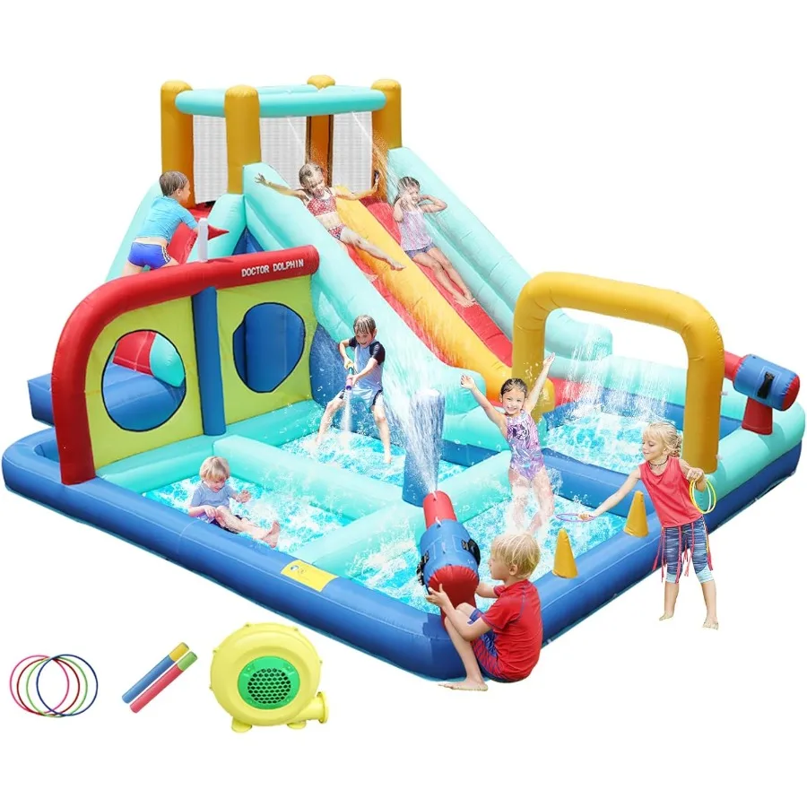 Opblaasbare waterglijbaan, waterglijbaan springhuis voor kinderen, water springhuis met glijbaan, opblaaswaterpark met 450W blazerba