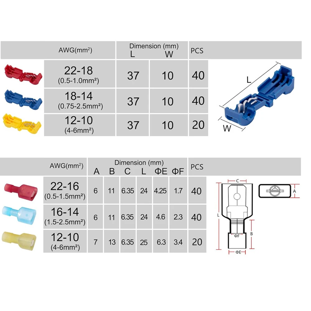 100Pairs T-Tap Wire Connectors,Quick Splice Disconnects Self-Stripping T-tap Wire Terminal with Nylon Fully Insulated Male Spade