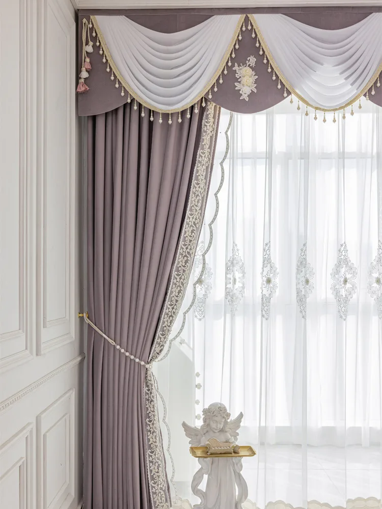 Custom Velvet cloth purple French shade lace princesshead wedding room  cloth blackout curtain tulle valance drape C1838