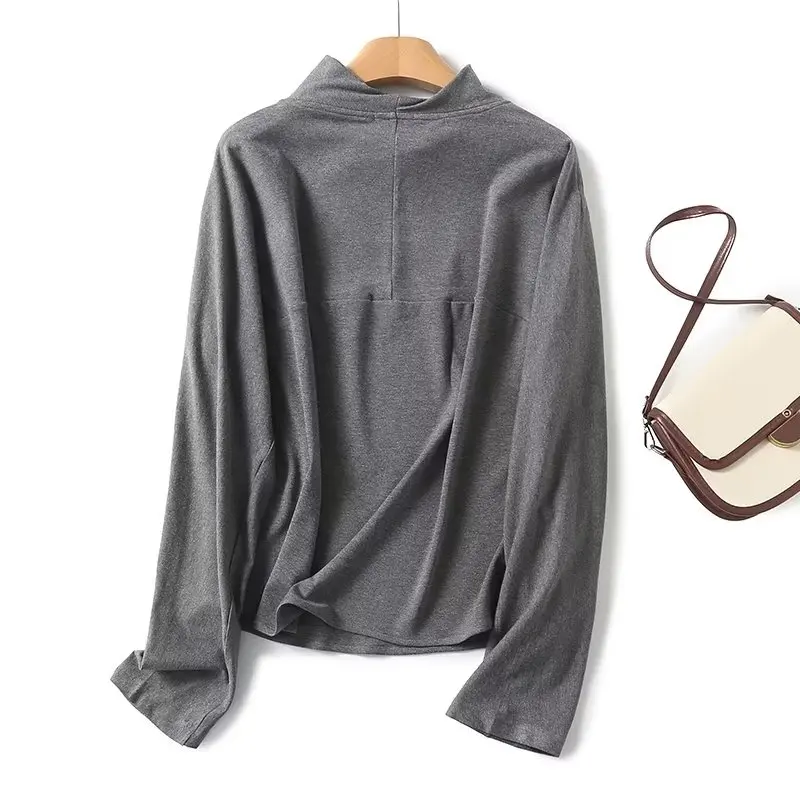 Maxdutti Autumn and Winter Turtleneck Knitwear Women's Gray Elegant and Simple High Neck Pullover Knitted Sweater Women Tops