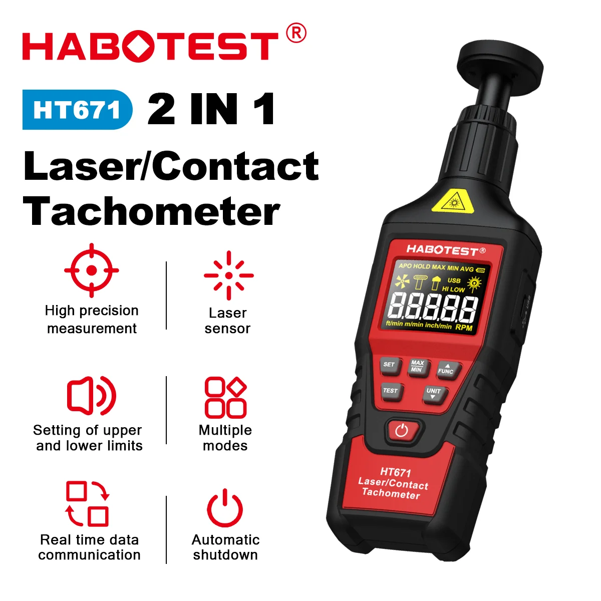 HABOTEST HT671 2-in-1 Laser/Contact Tachometer Digital Laser Tachometer Max 99999RPM Speedometer Speed measuring instrument