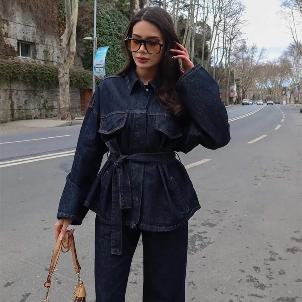 Lapel Denim Lace-Up Two-Piece European and American Women's Fashion Casual Retro All-Match Suit Ropa Para Mujer