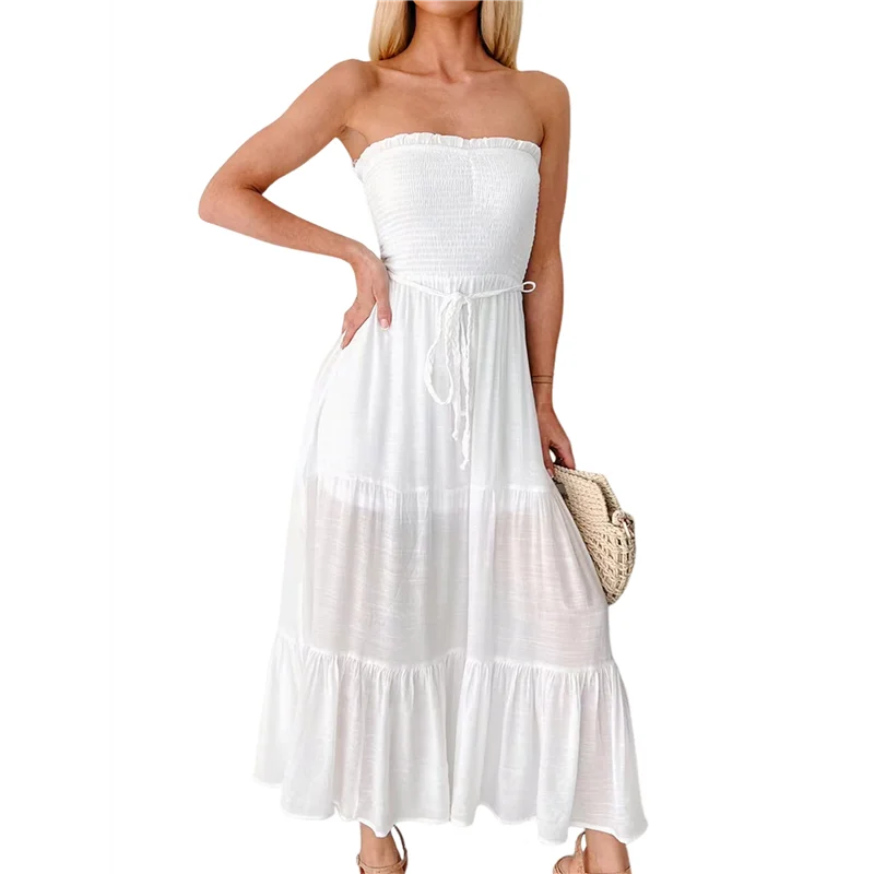 

ABRT-женское летнее платье макси, повседневное многослойное длинное пляжное платье-бандо с открытой спиной и рюшами в богемном стиле