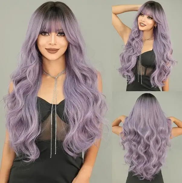 Long Wavy Grey purple Wig for Women Cosplay Daily Party Overhead Dyeing Wavy wigs Synthetic Wigs Heat Resistant Wig